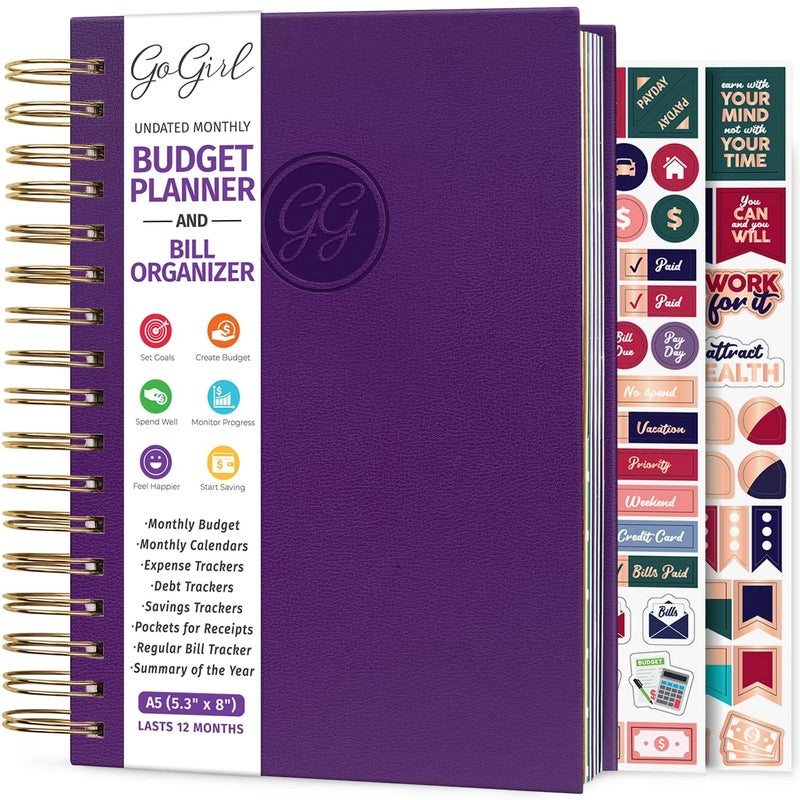 GoGirl Budget Planner & Monthly Bill Organizer â€“ Monthly Financial Book with Pockets. Expense Tracker Notebook Journal, Compact (Purple) - Image 1